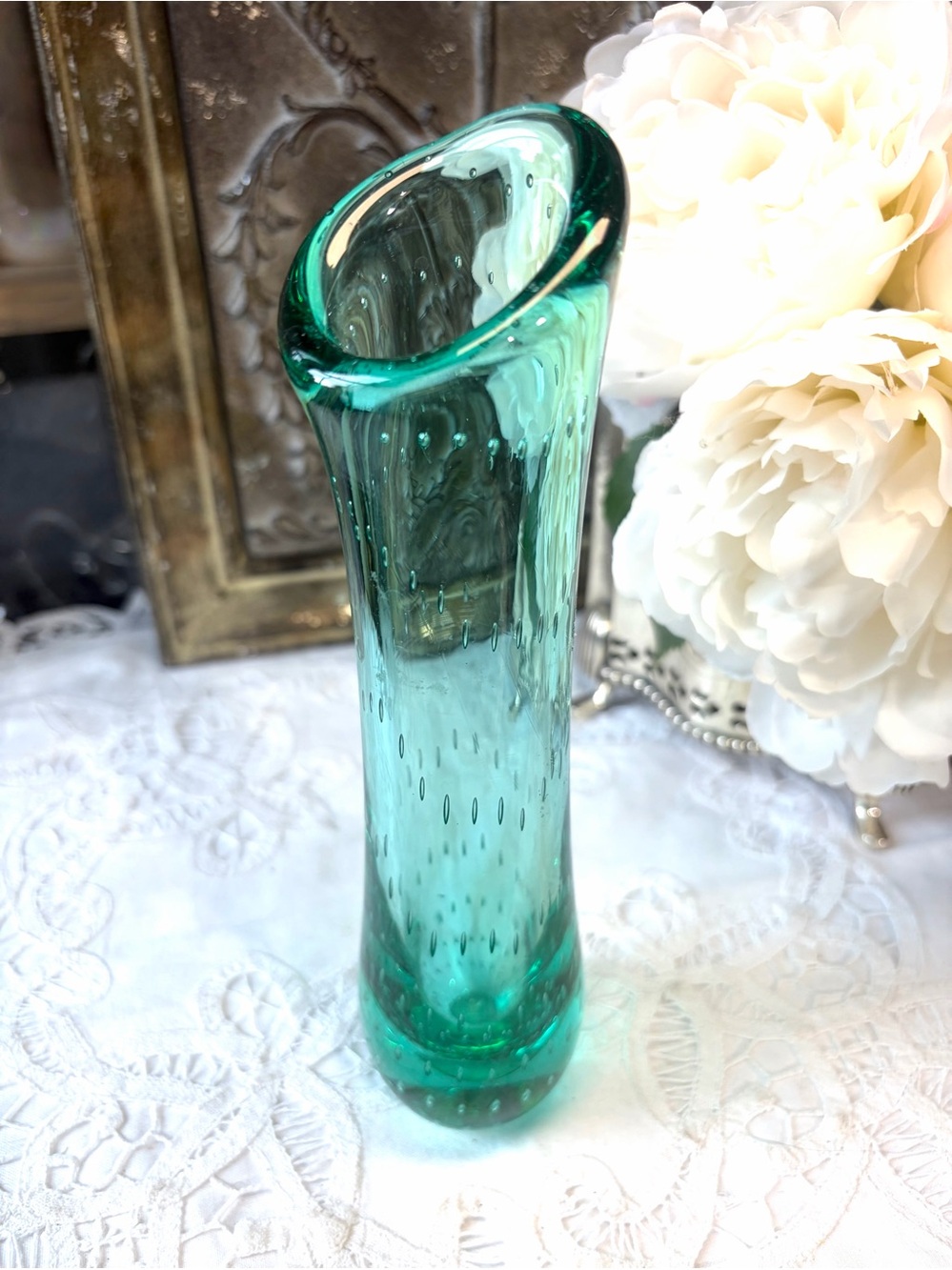 Depalma green bubble glass vase signed